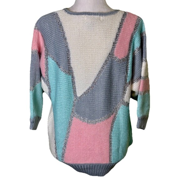 Vintage 80s Pastel Abstract Colorblock Sweater Patchwork Cozy Retro Boxy Sz Lg - Picture 3 of 8